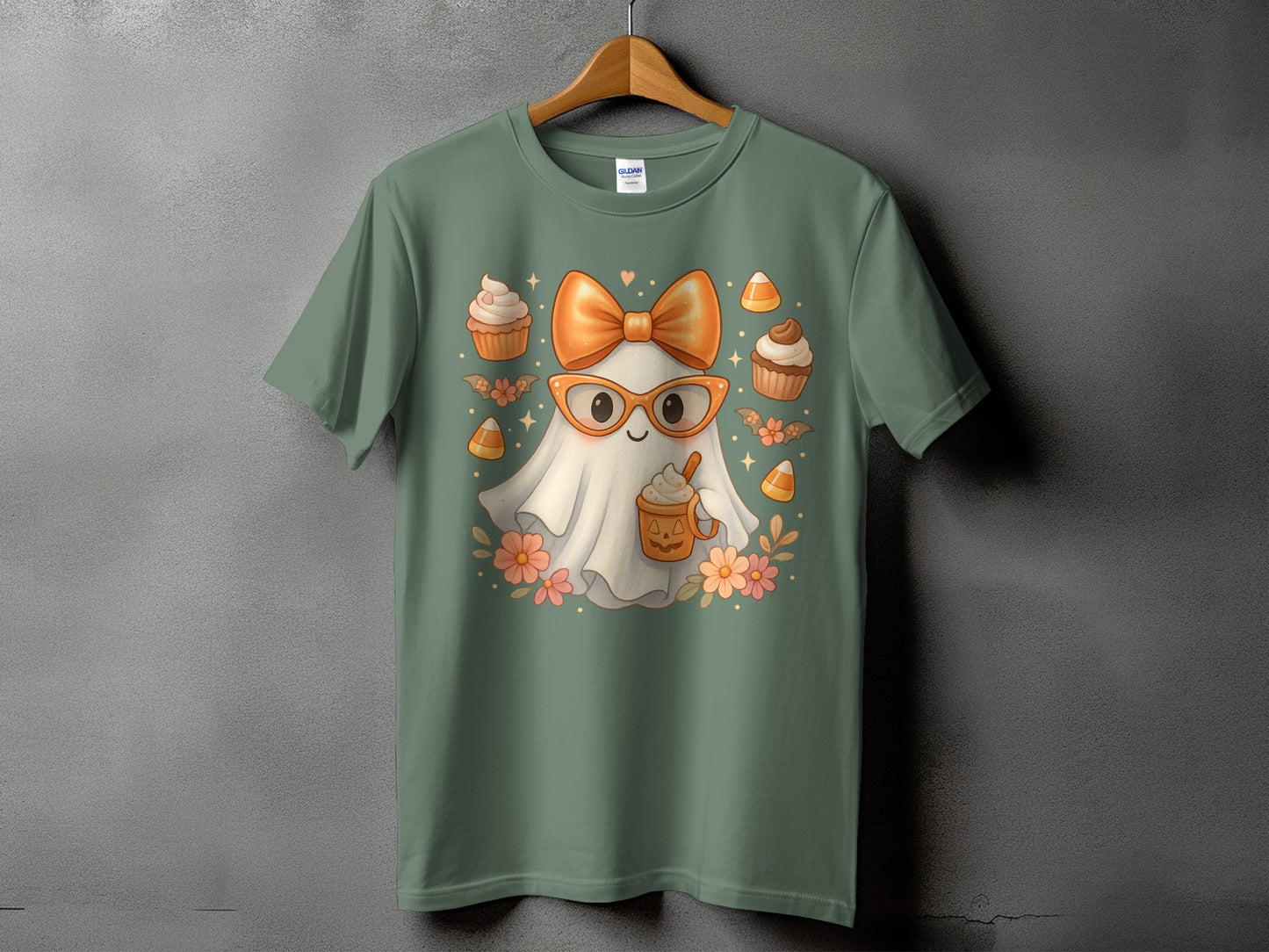 Ghost with orange bow, glasses, and holding a pumpkin spice latte, surrounded by cupcakes and candy corn.