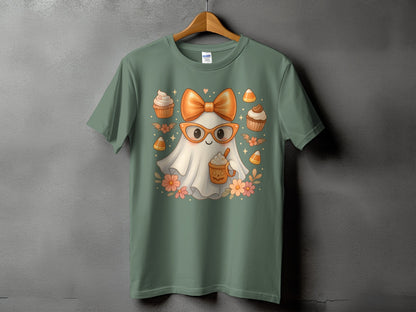 Ghost with orange bow, glasses, and holding a pumpkin spice latte, surrounded by cupcakes and candy corn.