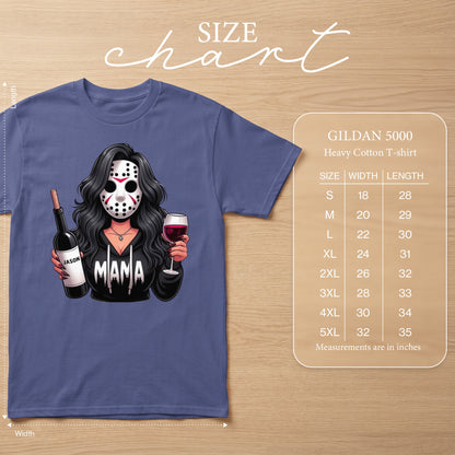 T-shirt graphic of a woman in a Jason mask holding wine, with size chart.