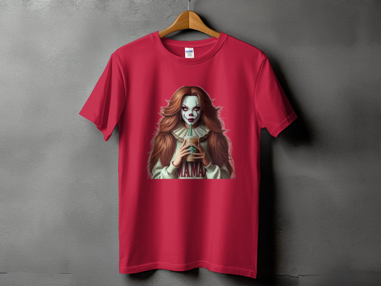 Red t-shirt with a graphic of a woman in clown makeup holding a coffee cup with "Mama" text.