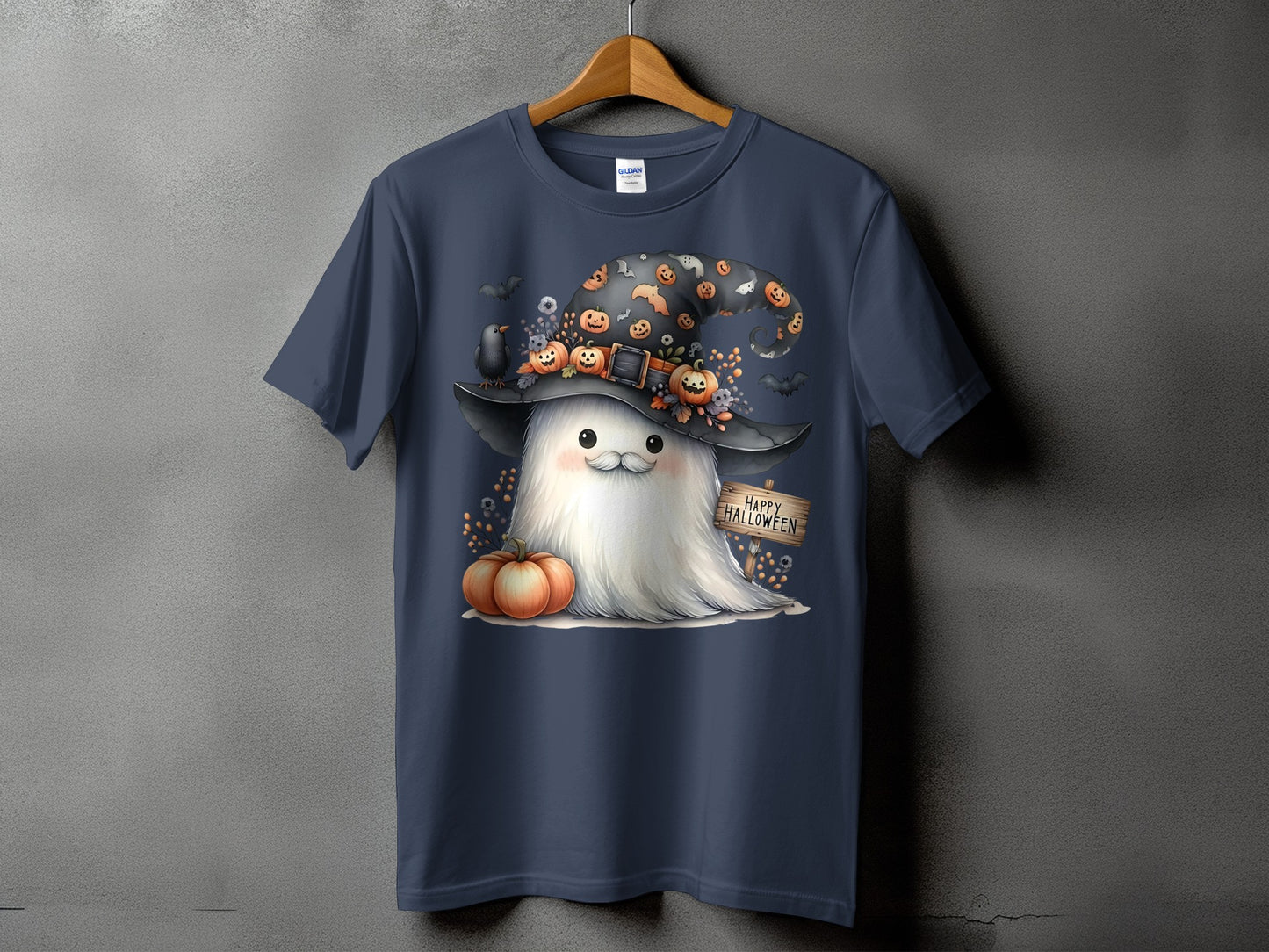 Dark blue t-shirt with a cute ghost wearing a Halloween hat and holding a sign.