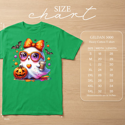 Green Gildan 5000 t-shirt with a cute ghost graphic and size chart.