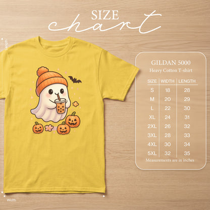 Yellow Gildan 5000 t-shirt with cute ghost, pumpkins, and bat graphic.
