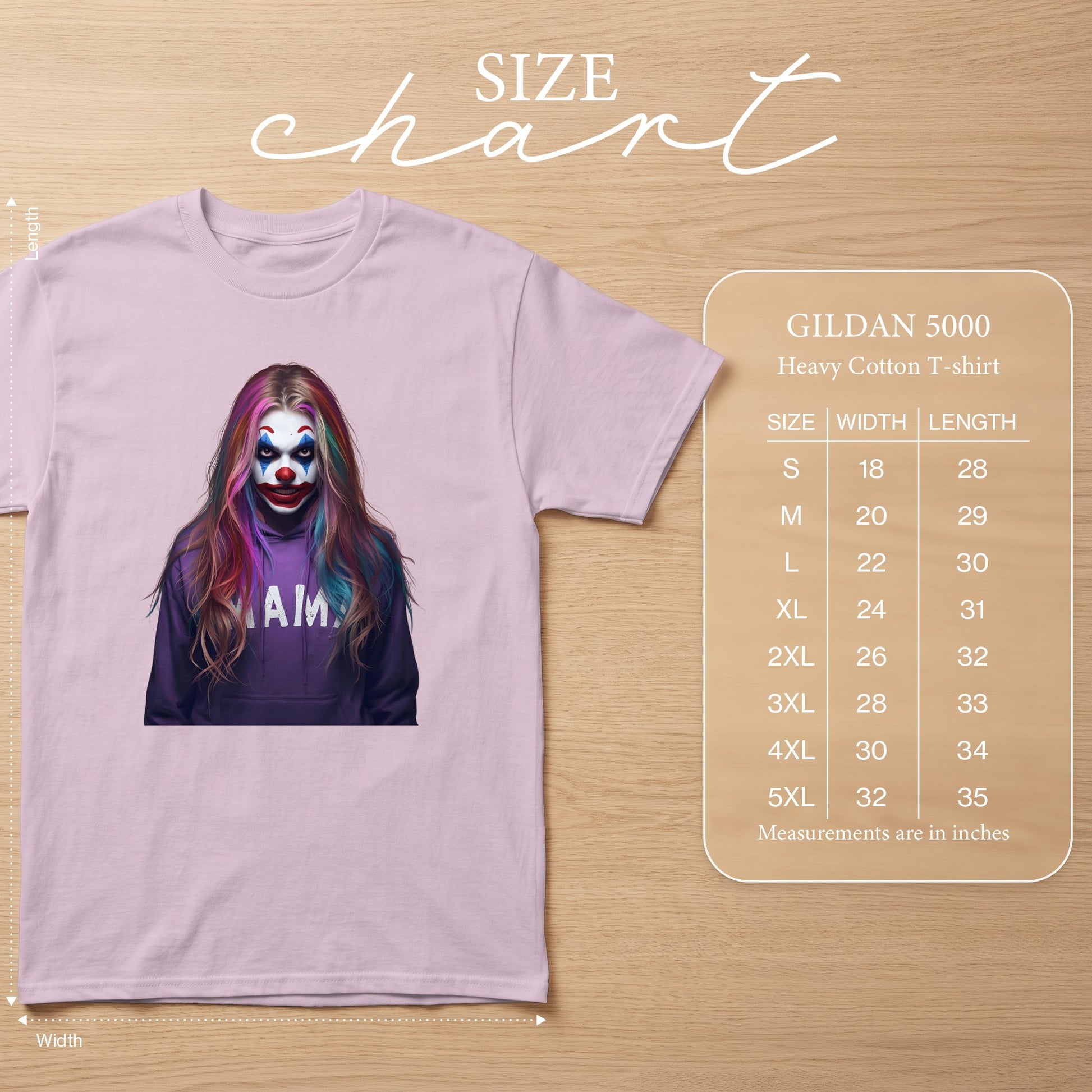 Pink t-shirt with a clown graphic and a Gildan 5000 size chart.