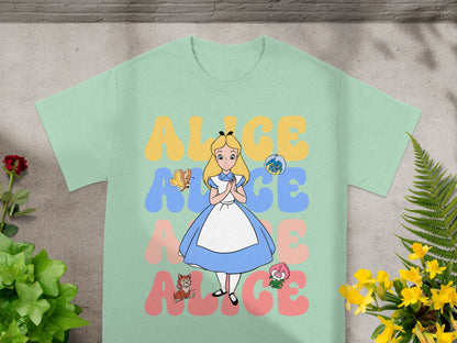 Alice in Wonderland graphic tee with character and flowers.