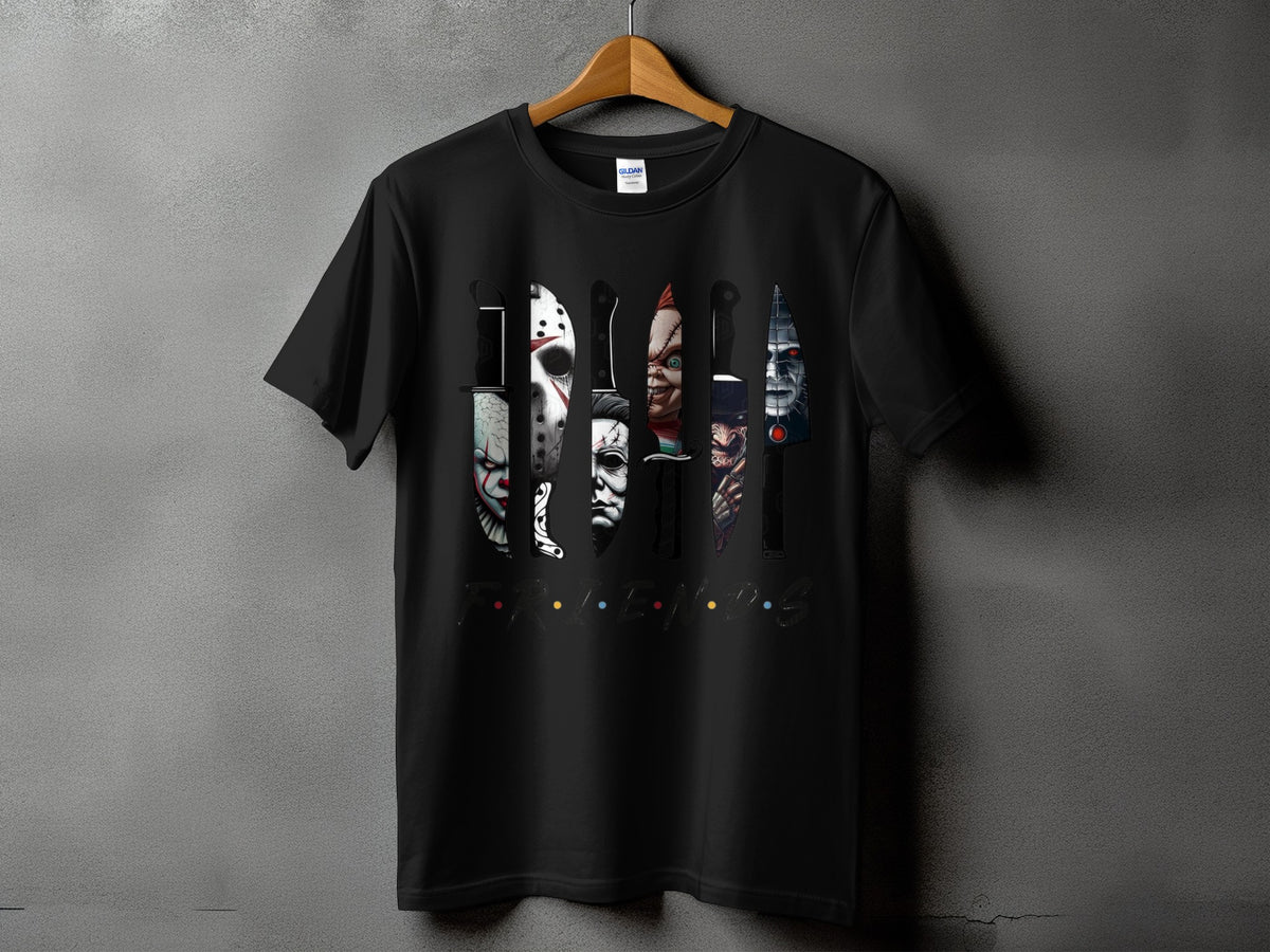 Black t-shirt with horror character faces on knives and "Friends" logo.