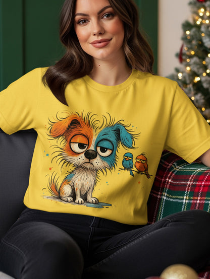 Yellow t-shirt with a cartoon dog and two small birds.