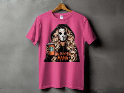 Pink t-shirt with a graphic of a woman in a hockey mask holding a coffee cup and text "Halloween Mama".
