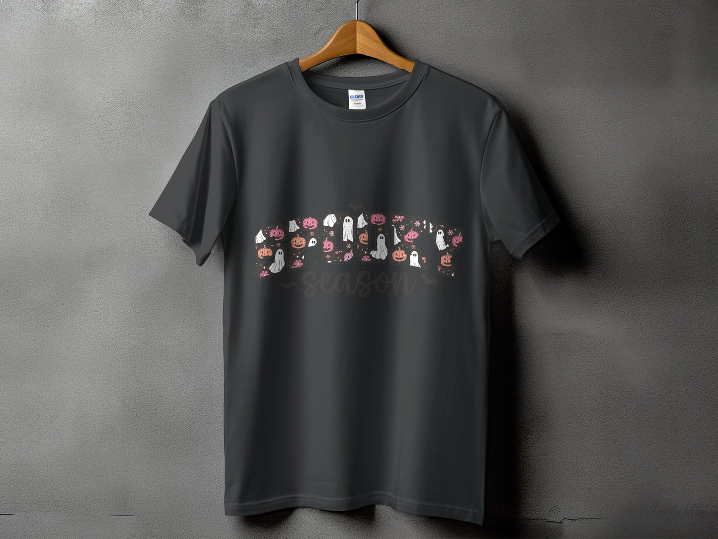 Dark gray t-shirt with Halloween themed graphic and "season" text.