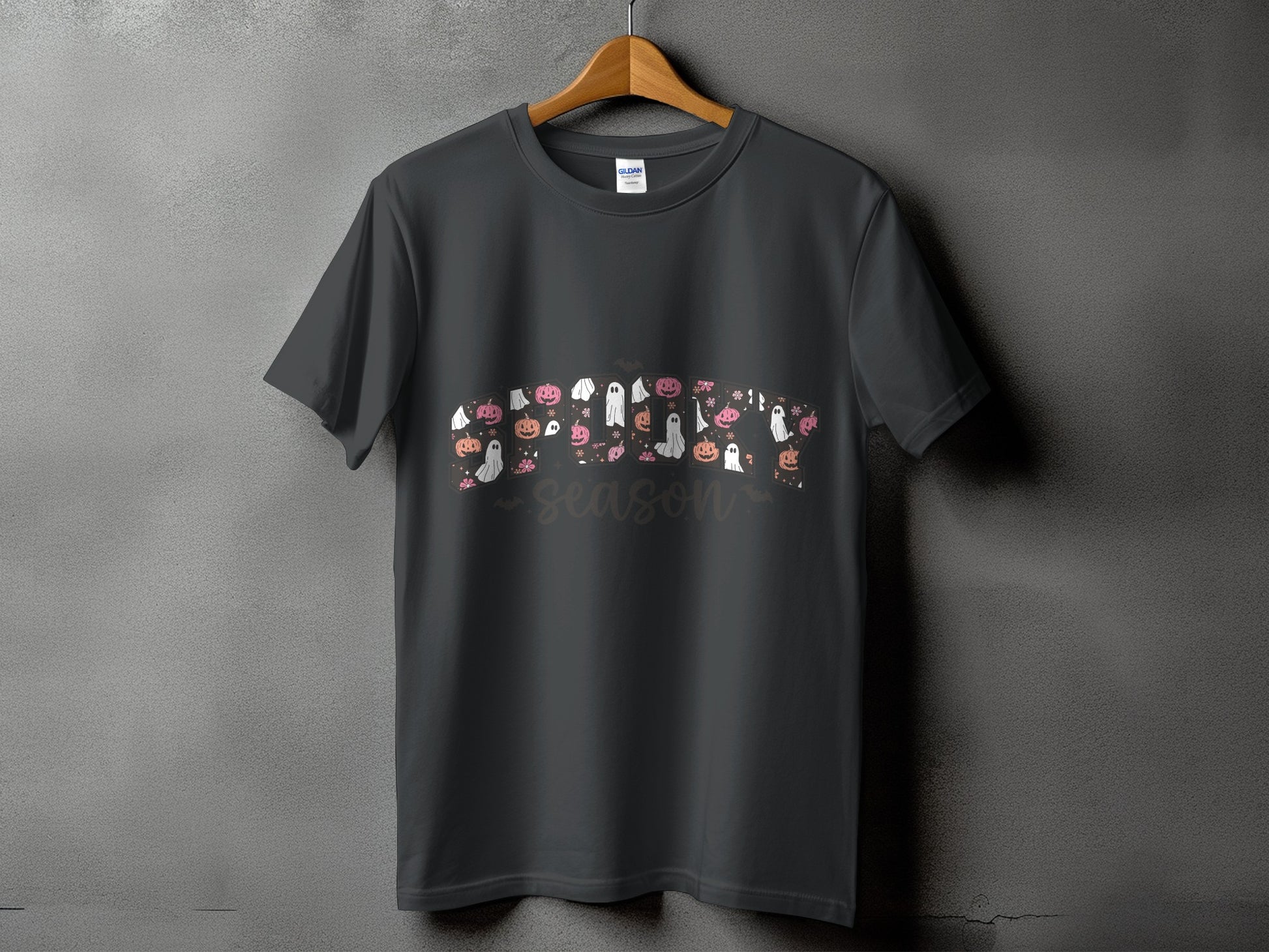 Dark gray t-shirt with Halloween themed graphic and "season" text.