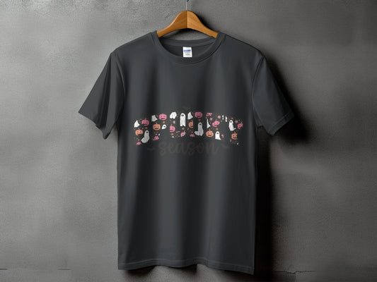 Dark gray t-shirt with Halloween themed graphic and "season" text.
