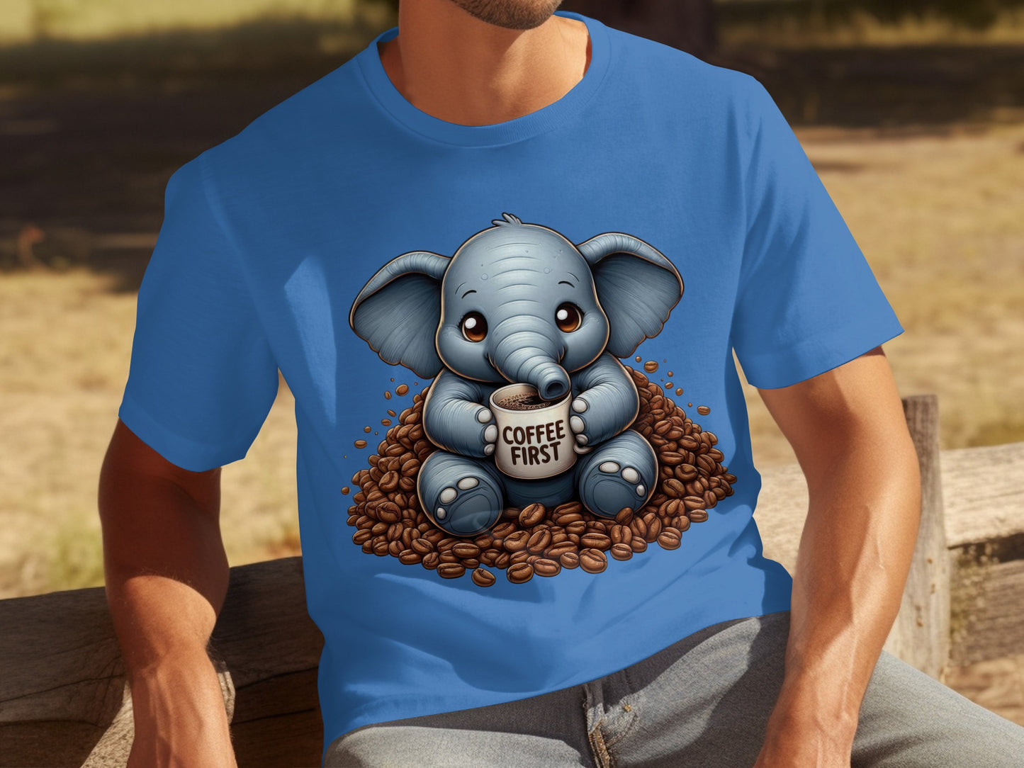 Cute Blue Elephant Coffee First Graphic T-Shirt