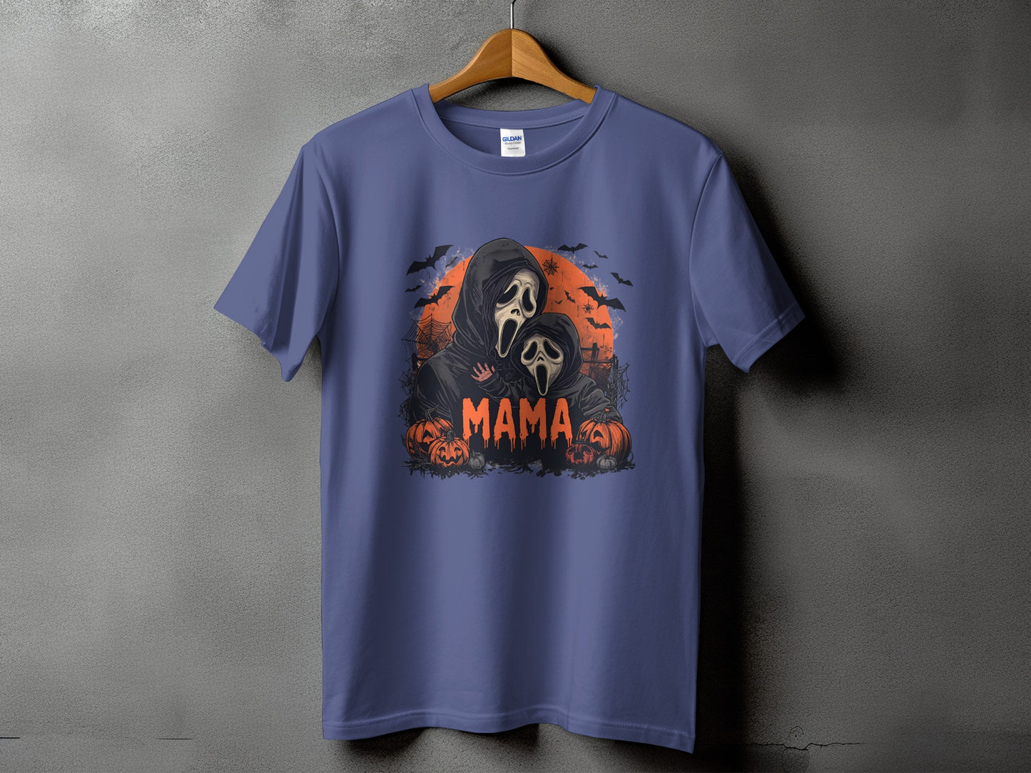 Blue t-shirt with Halloween graphic of two Ghostface figures and the word MAMA.