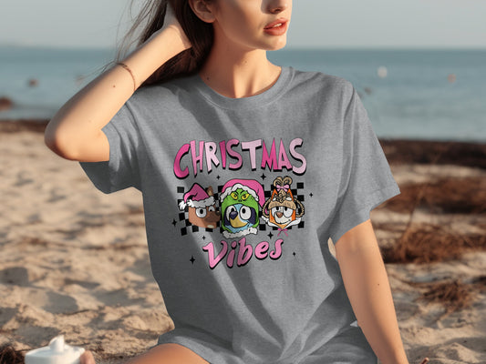 Christmas Vibes Graphic Tee with Cartoon Characters