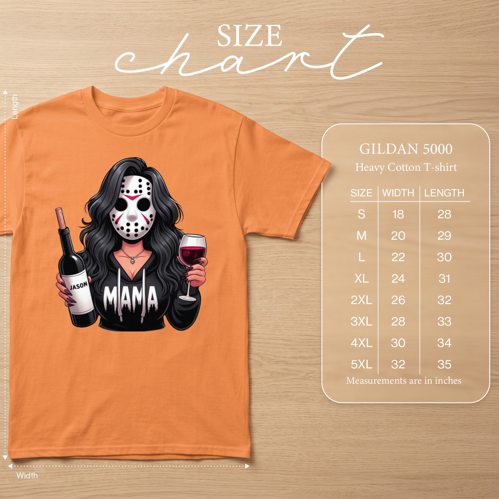 Orange t-shirt with "Mama" graphic featuring a woman in a Jason mask holding wine. Includes Gildan 5000 size chart.
