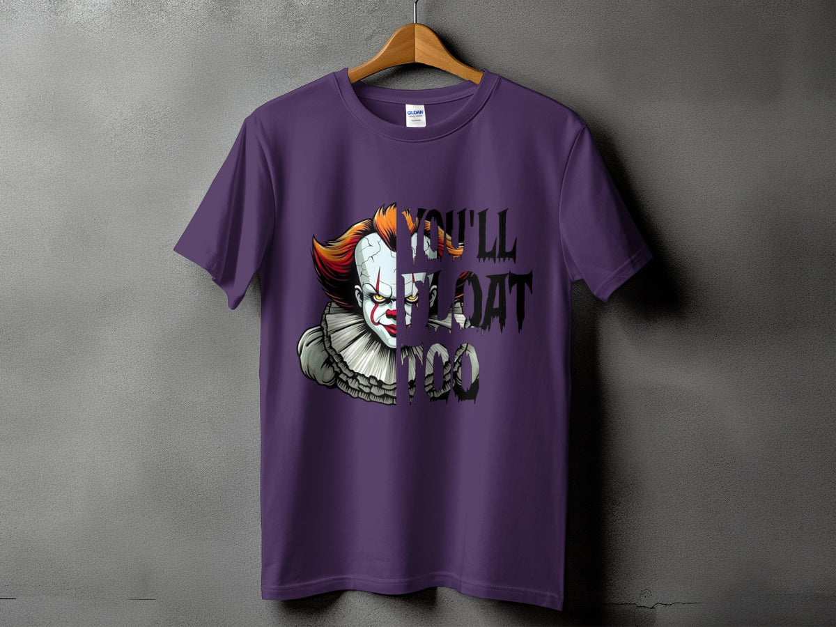 Purple t-shirt with split Pennywise graphic and "You'll float too" text.
