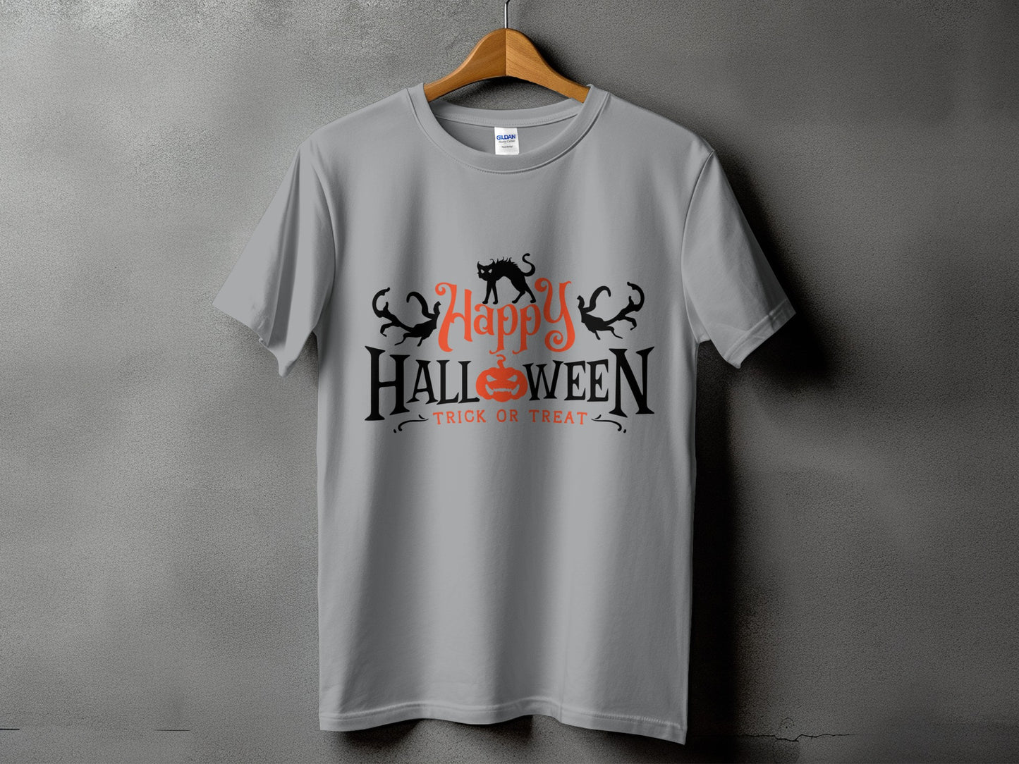 Grey t-shirt with "Happy Halloween Trick or Treat" text and Halloween graphics.