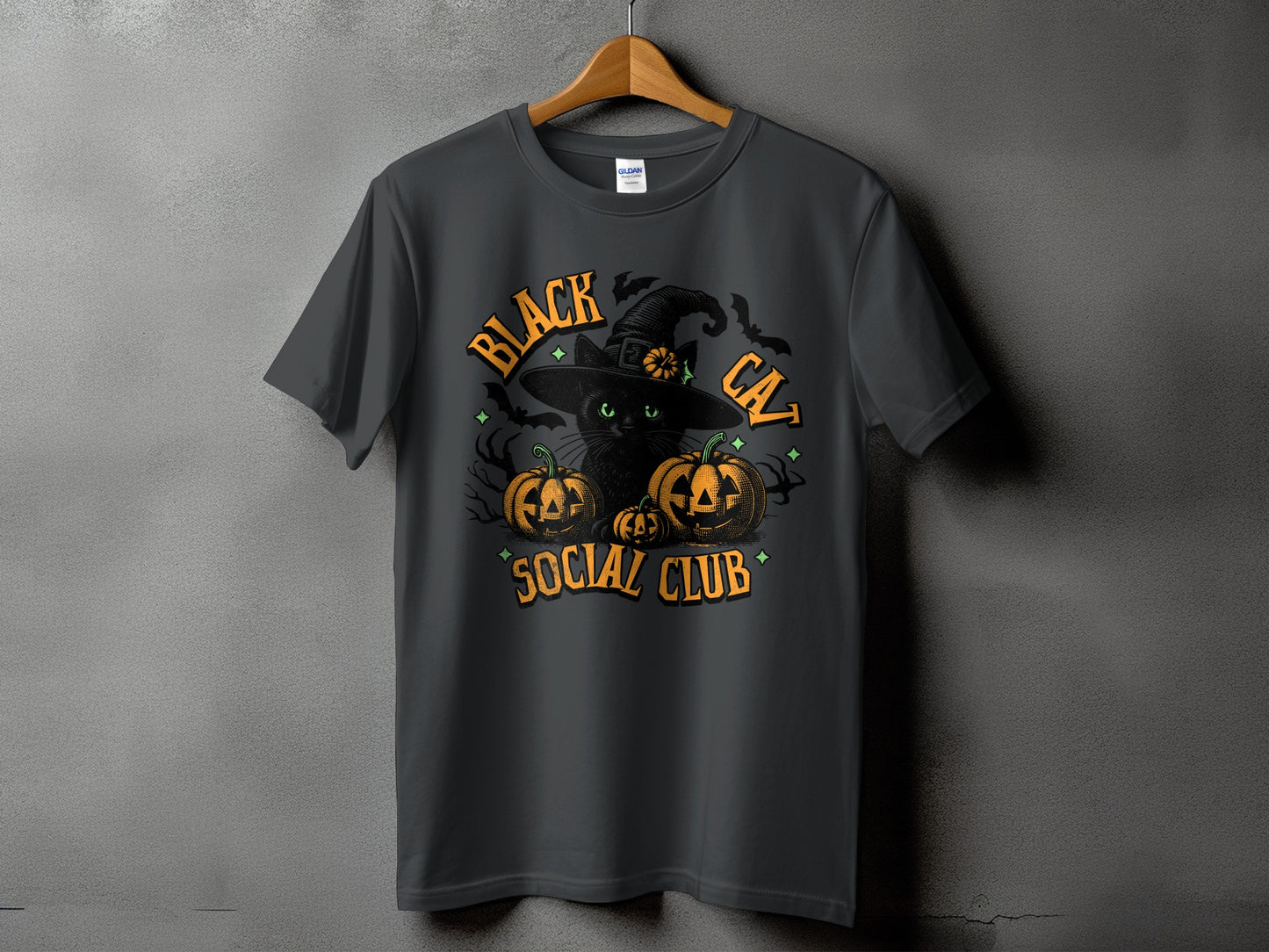 Black cat in witch hat with pumpkins and bats, text "BLACK CAT SOCIAL CLUB".