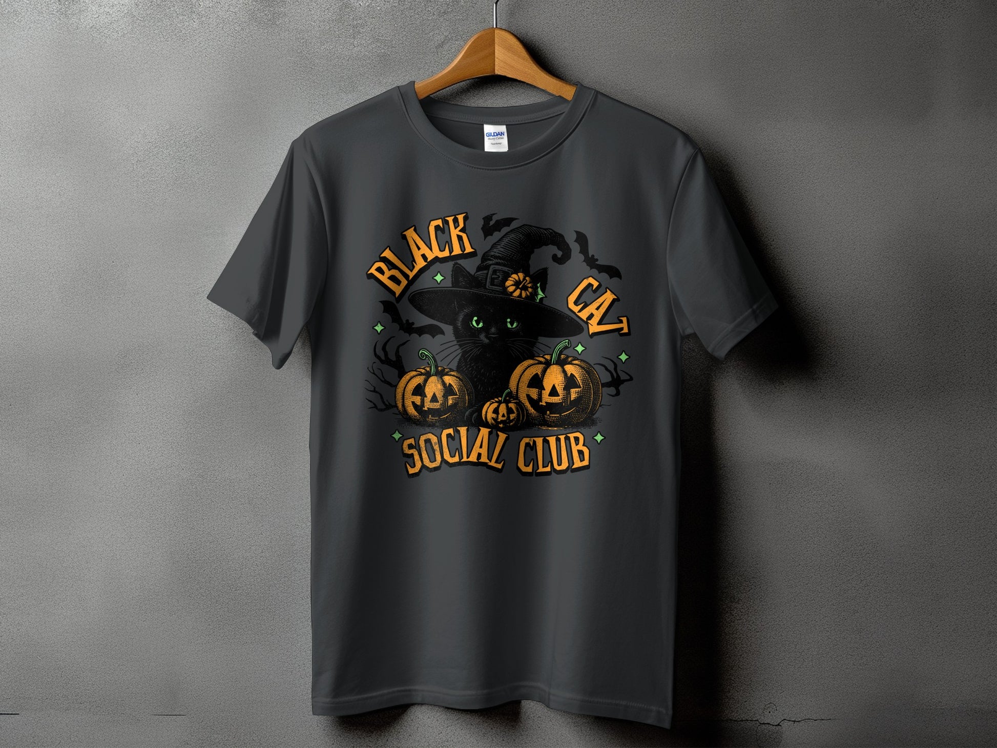 Black cat in witch hat with pumpkins and bats, text "BLACK CAT SOCIAL CLUB".