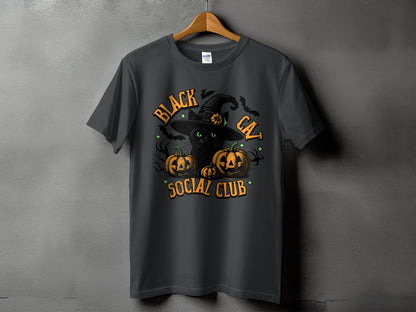 Black cat in witch hat with pumpkins and bats, text "BLACK CAT SOCIAL CLUB".