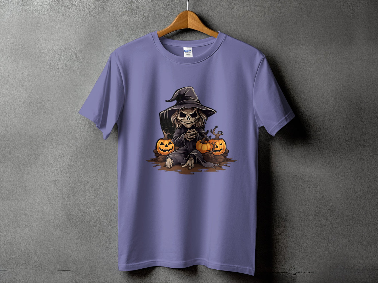 Purple t-shirt with a Halloween graphic of a grim reaper and pumpkins.