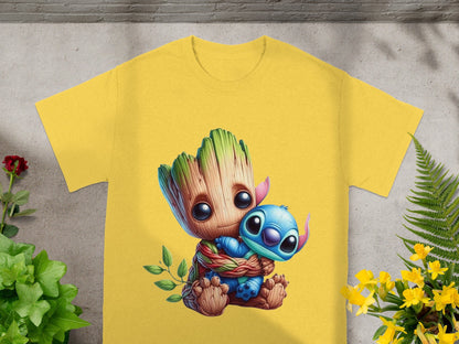 Yellow t-shirt featuring Groot hugging Stitch illustration.