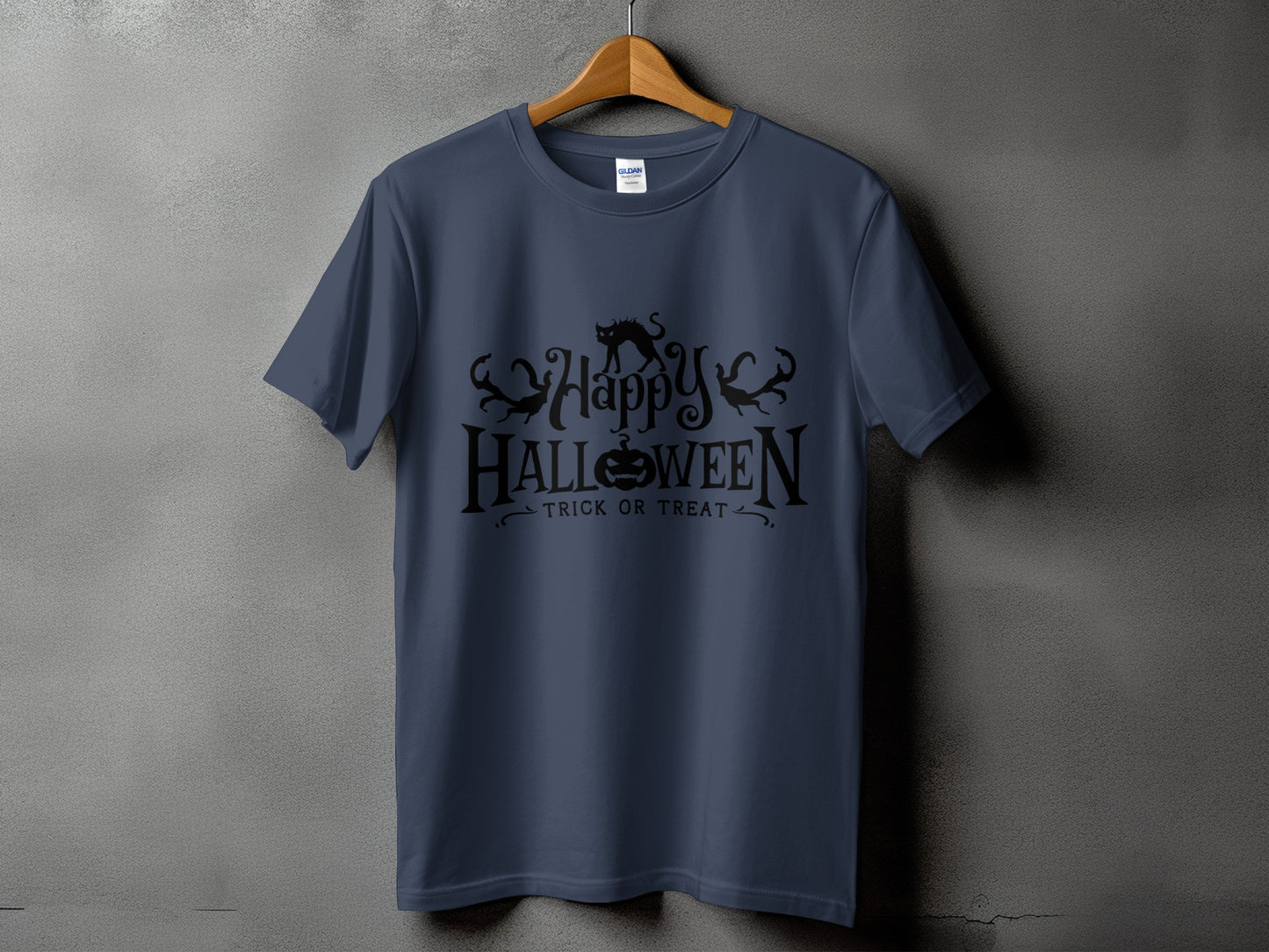 Dark blue t-shirt with black "Happy Halloween Trick or Treat" graphic and black cats.