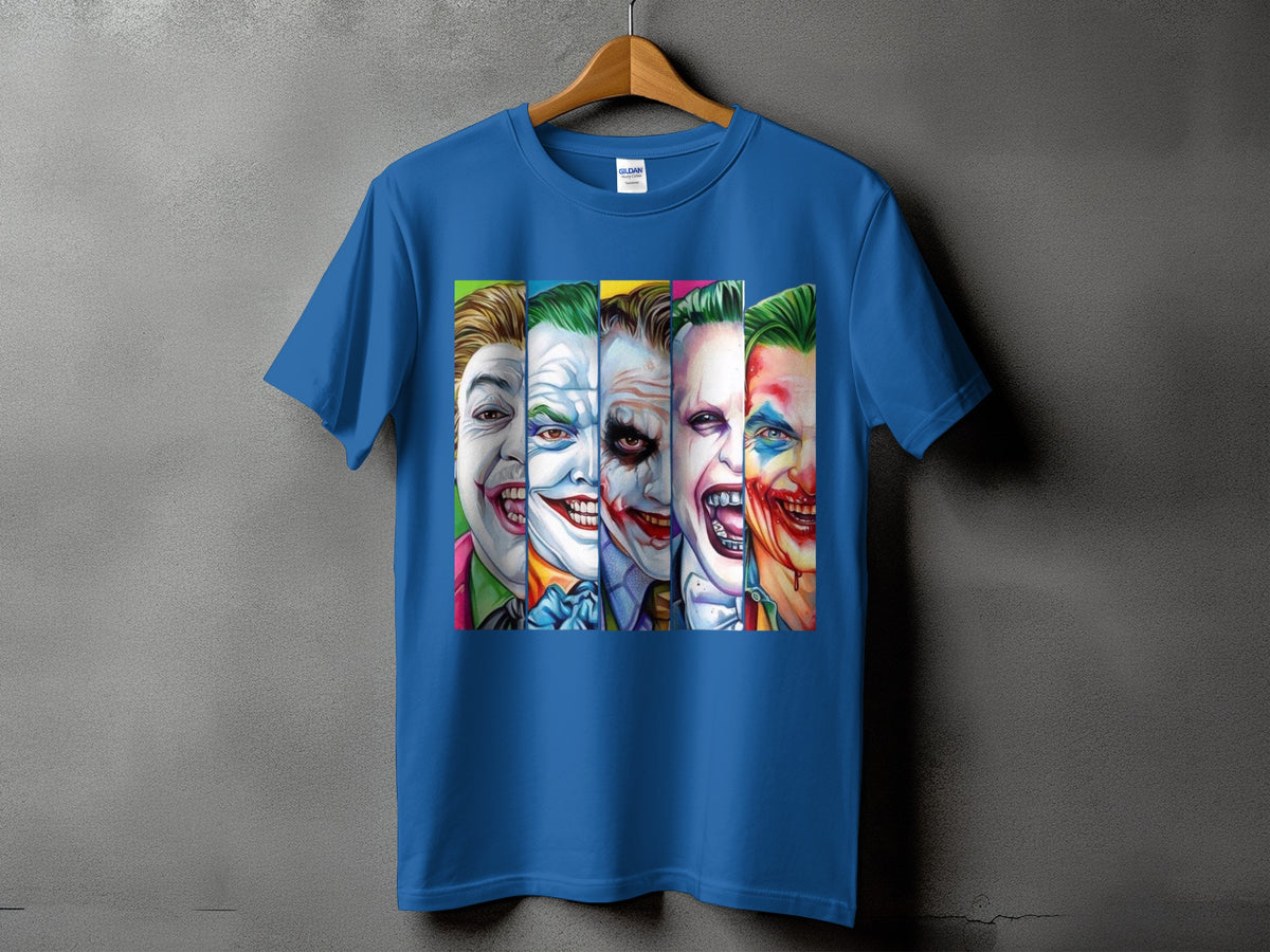 Blue t-shirt with vertical panels of various Joker faces with makeup and expressions.