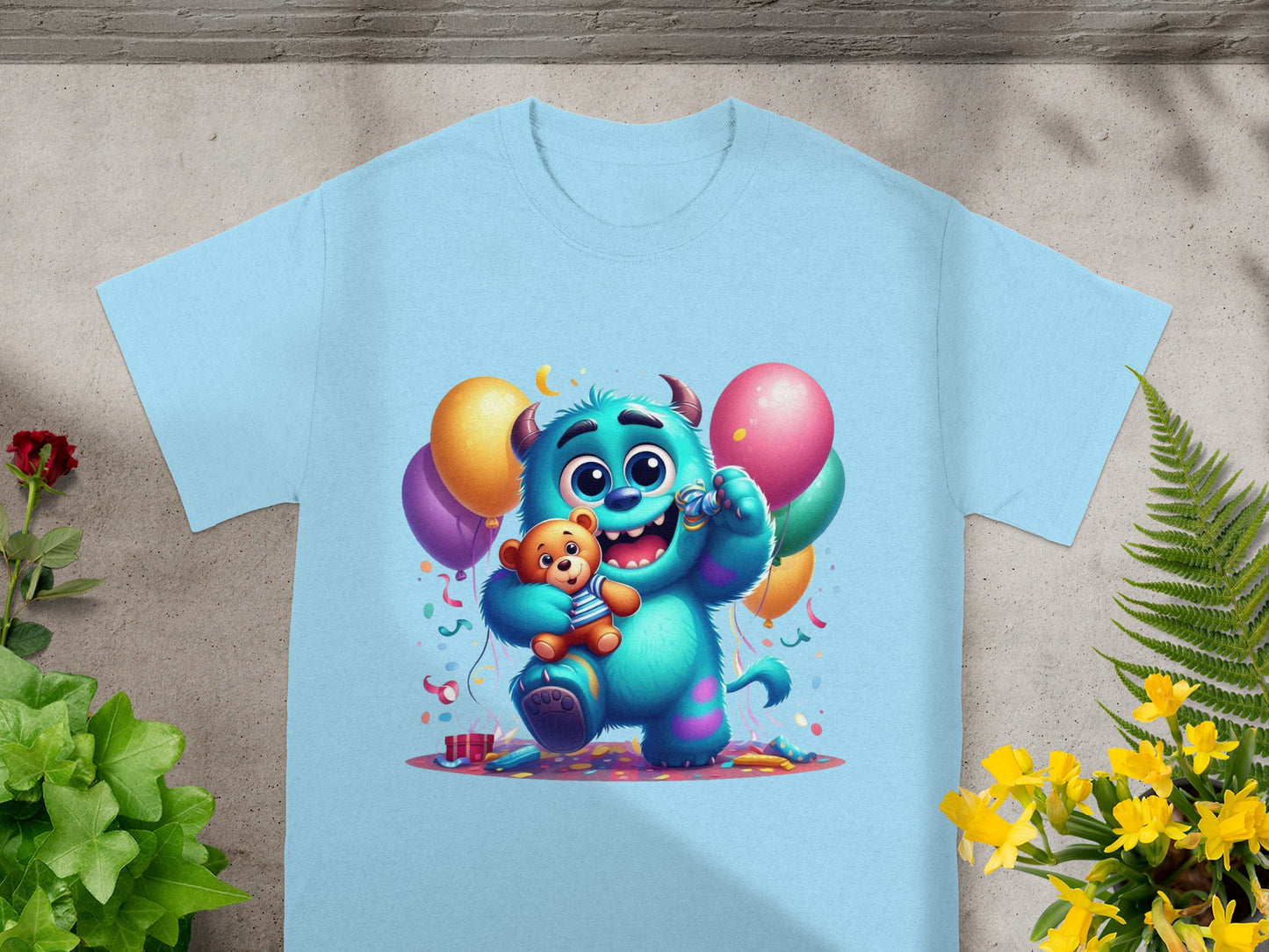 Blue t-shirt with cartoon monster holding a teddy bear and balloons.
