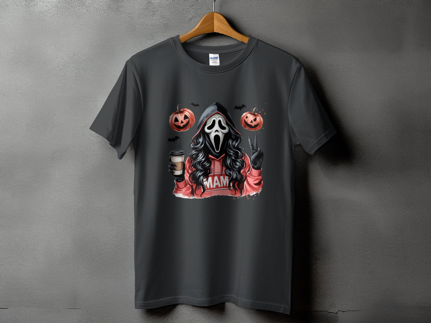 Ghostface with coffee, pumpkins, bats, and "MAM" text on a dark grey t-shirt.