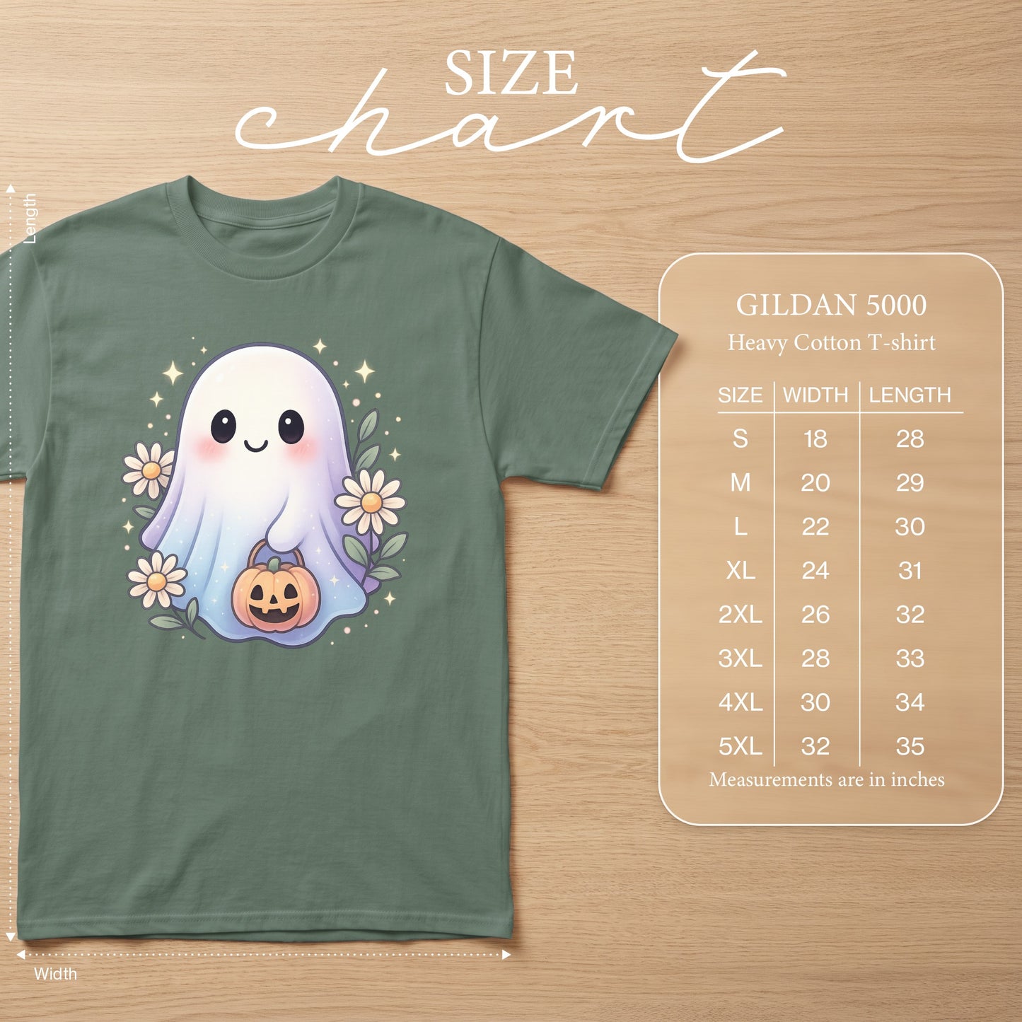 Green Gildan 5000 heavy cotton t-shirt with a cute ghost graphic and size chart.