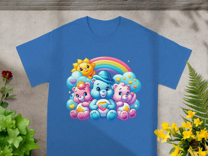 Three Care Bears sitting together under a rainbow and sun graphic.