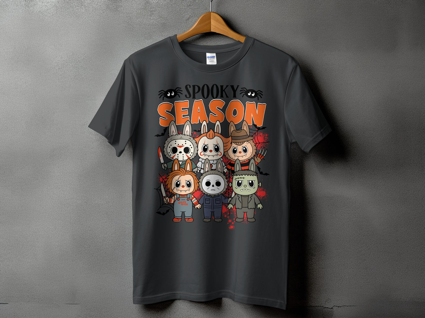 Dark gray t-shirt with "Spooky Season" text and cartoon horror characters.