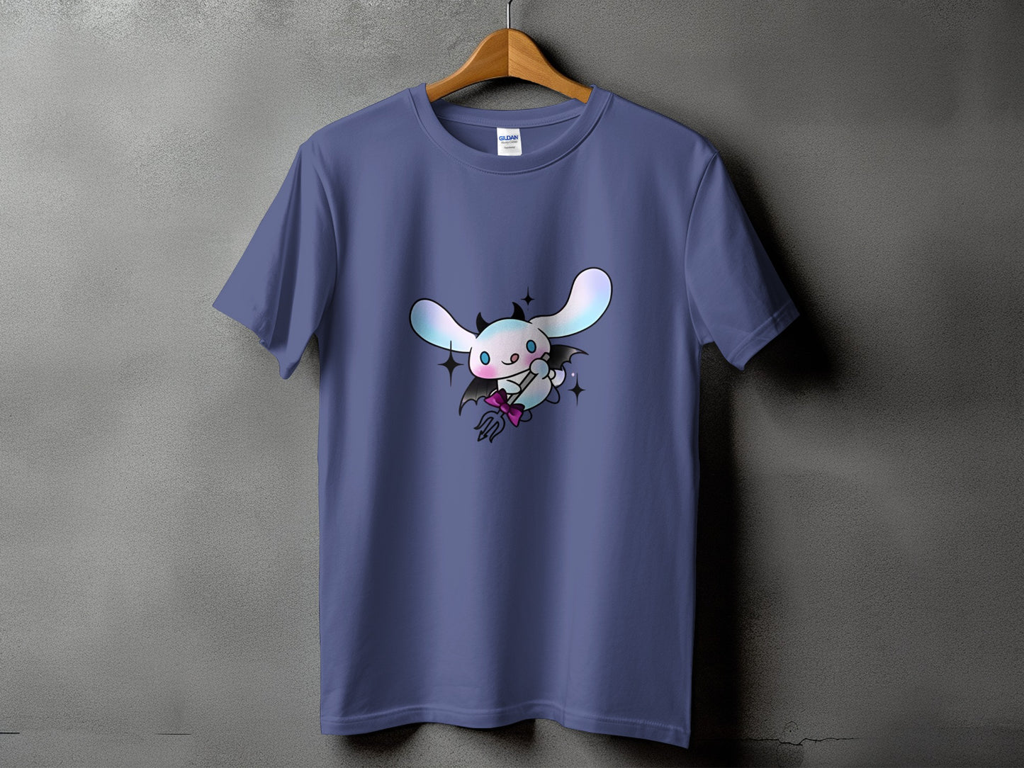 Purple t-shirt with a white cartoon bunny wearing a cape and holding a trident.