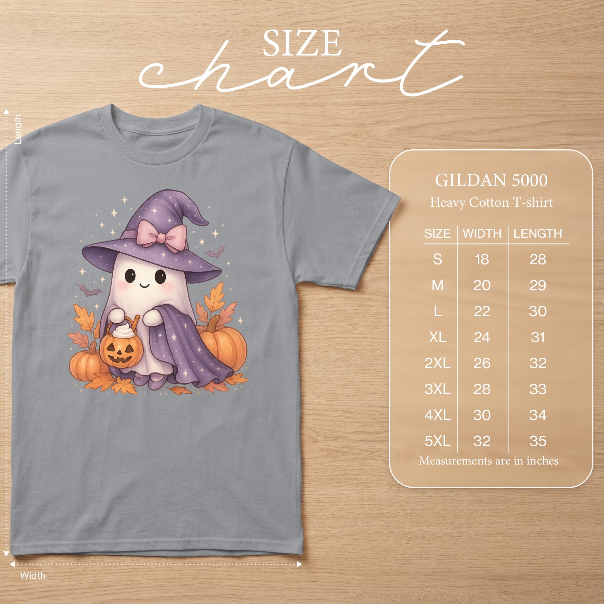 Gildan 5000 Heavy Cotton T-shirt with a cute ghost witch and pumpkin graphic.