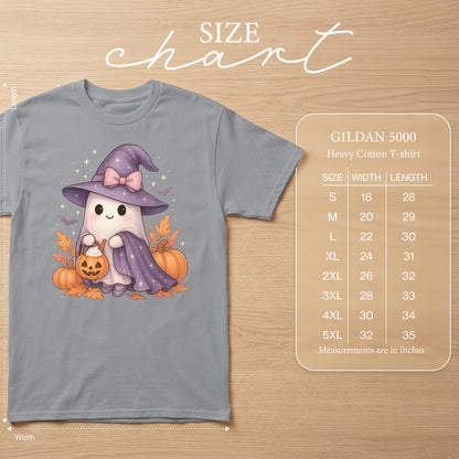 Gildan 5000 Heavy Cotton T-shirt with a cute ghost witch and pumpkin graphic.