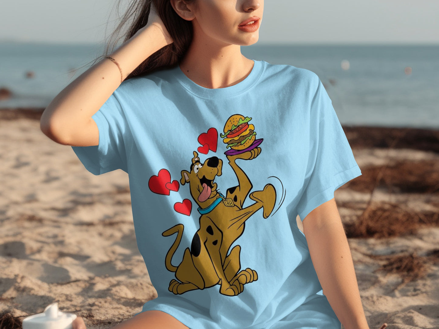 Scooby-Doo with Burger and Hearts Graphic T-Shirt