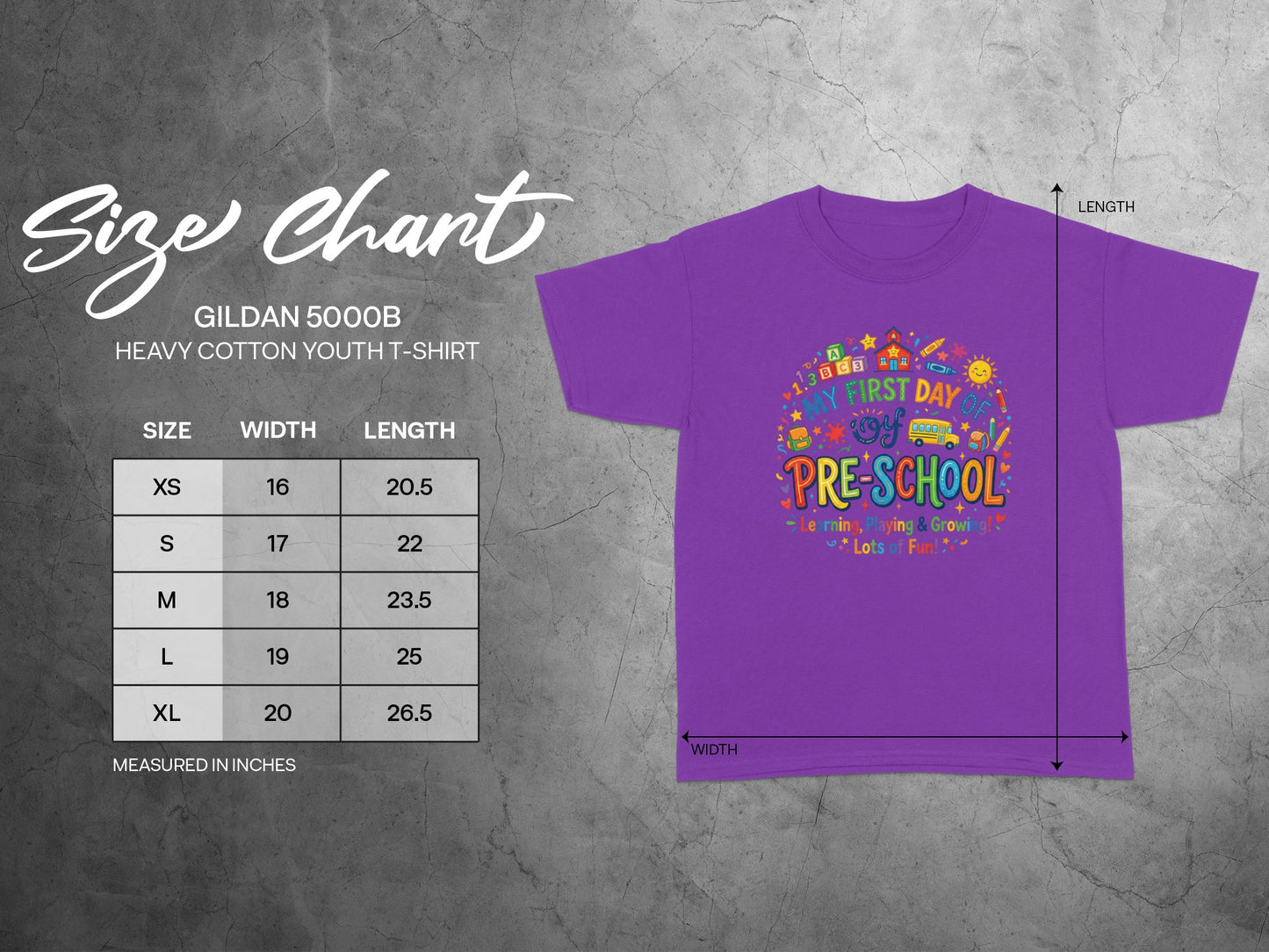 Gildan 5000B youth t-shirt size chart with measurements for width and length.