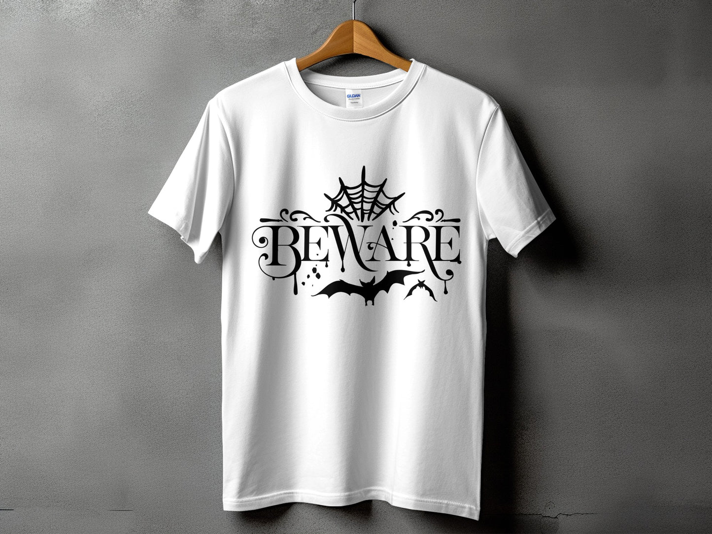 White t-shirt with black "BEWARE" text, spiderweb, and bats graphic.