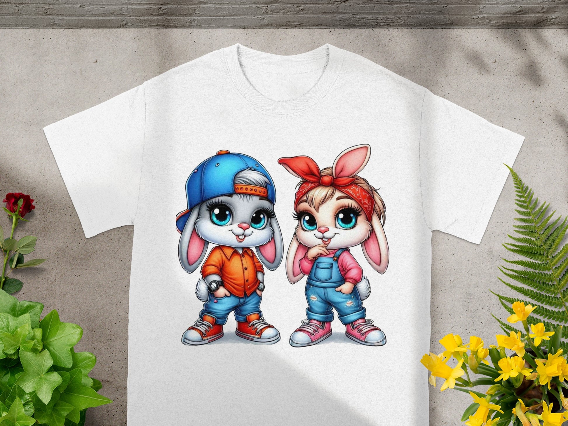 Cute Cartoon Bunny Couple Graphic T-Shirt Design