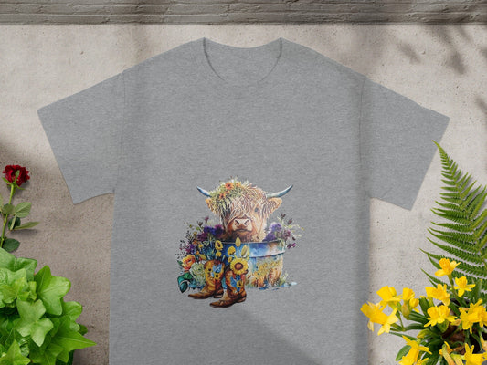 Highland Cow with Flowers and Boots Graphic T-Shirt