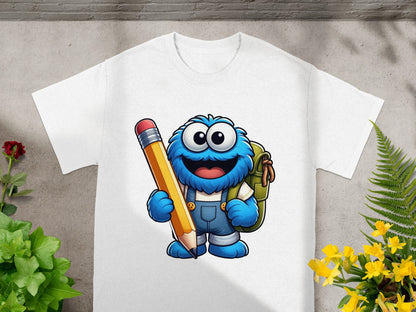 Furry blue monster with big eyes, holding a yellow pencil and wearing overalls and a backpack.