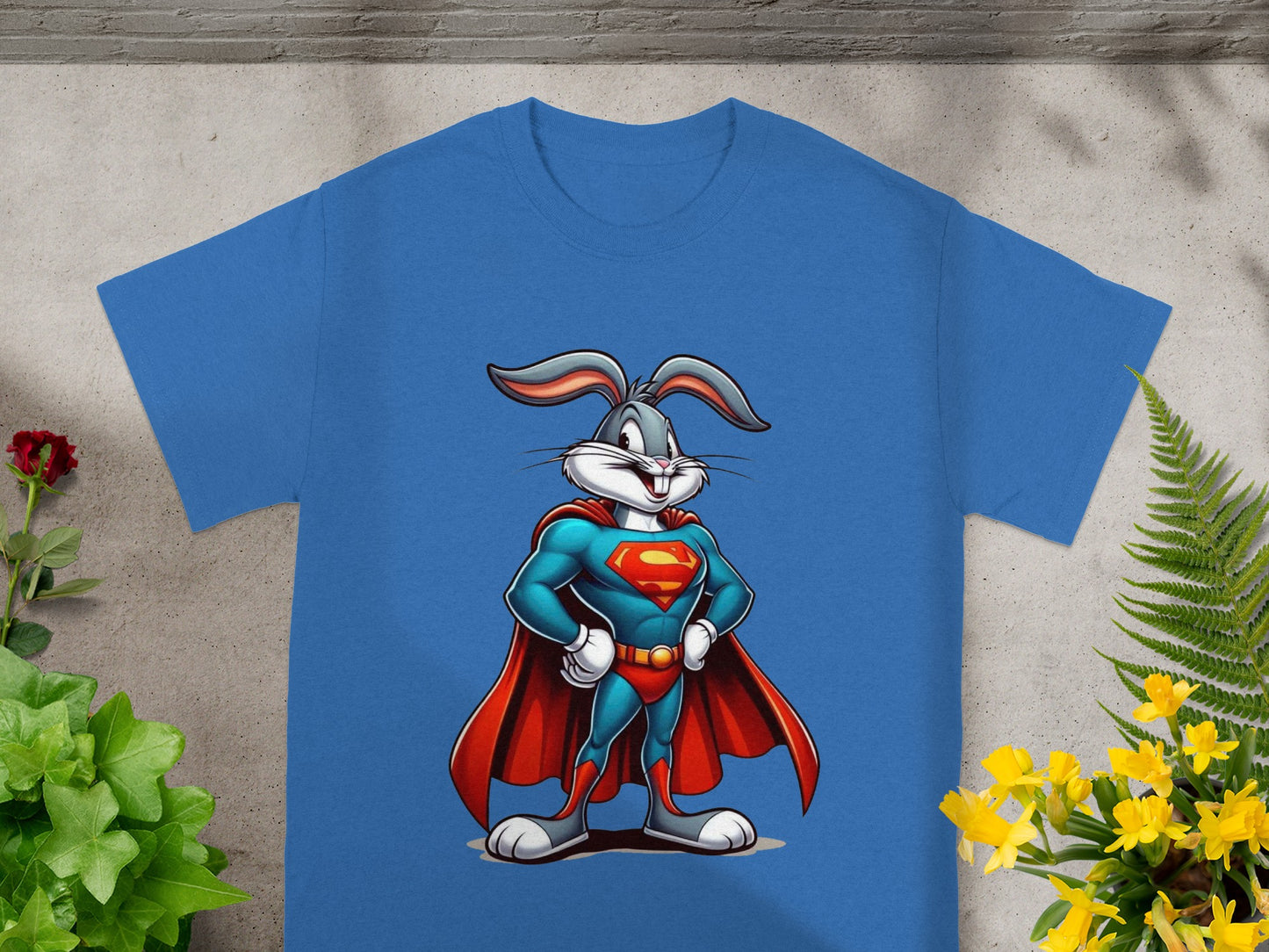 Bugs Bunny wearing Superman costume printed on a blue t-shirt.