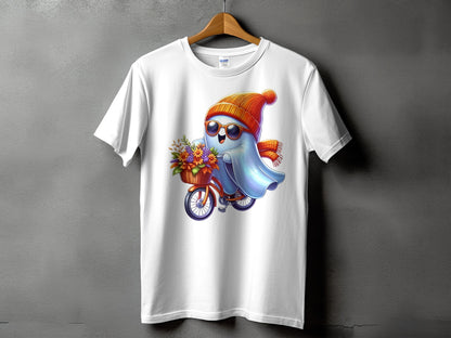 Ghost wearing a hat and scarf rides a bicycle with flowers in a basket.