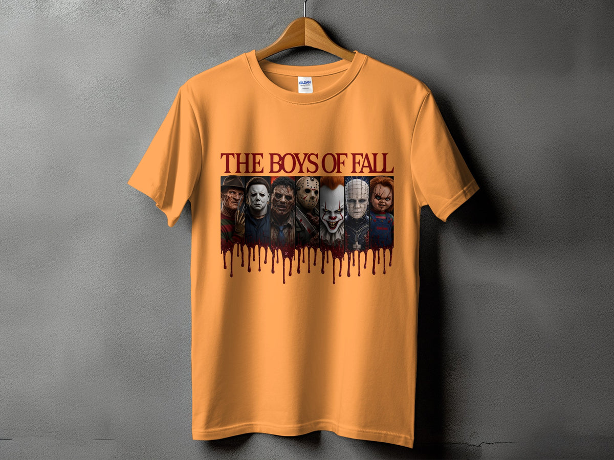 Orange t-shirt with "The Boys of Fall" text and horror movie villains.
