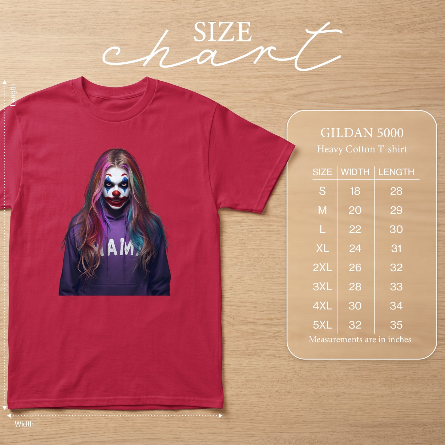 Red Gildan 5000 t-shirt with a clown graphic and size chart.
