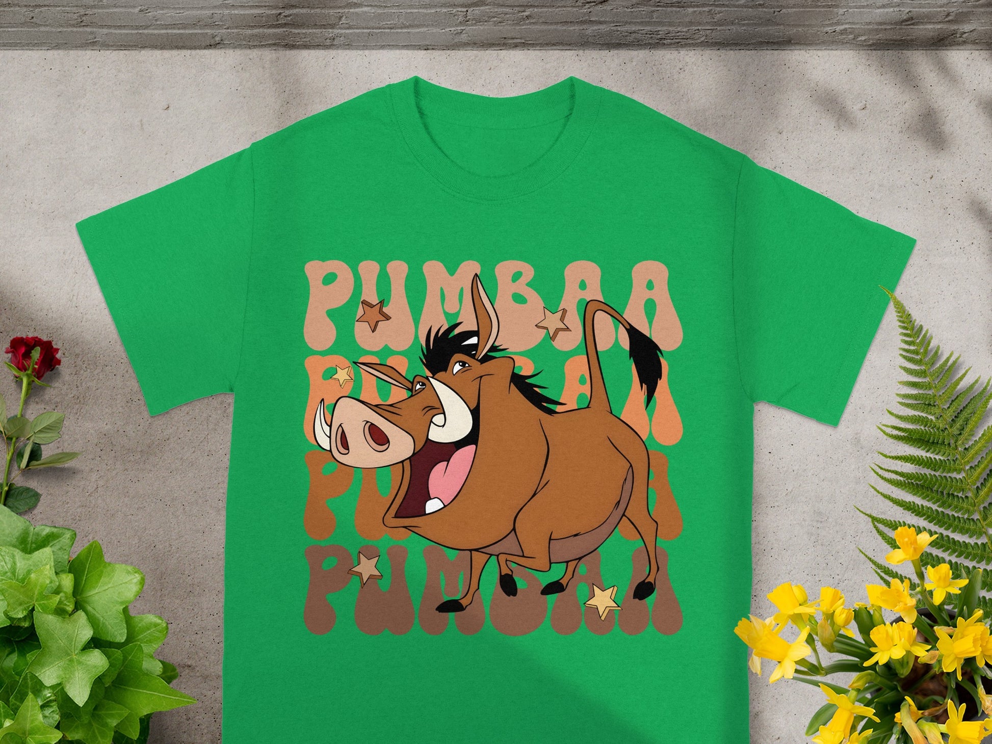 Green t-shirt with Pumbaa from The Lion King and "Pumbaa" text.