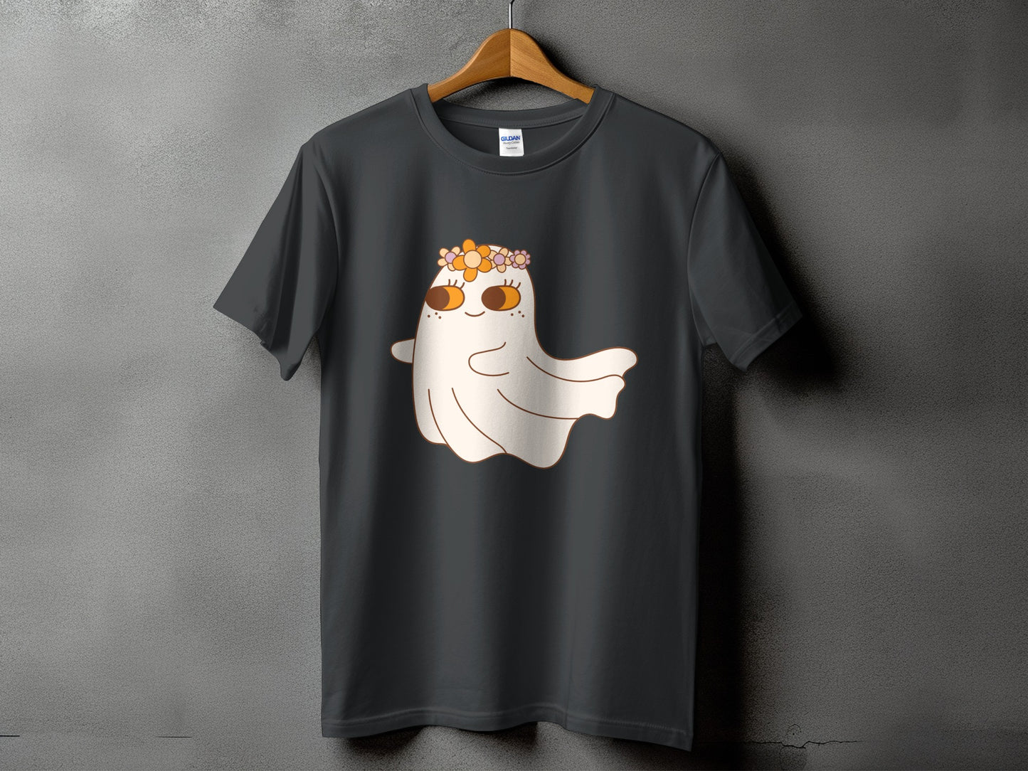 Gray t-shirt with a cartoon ghost wearing a flower crown and smiling.