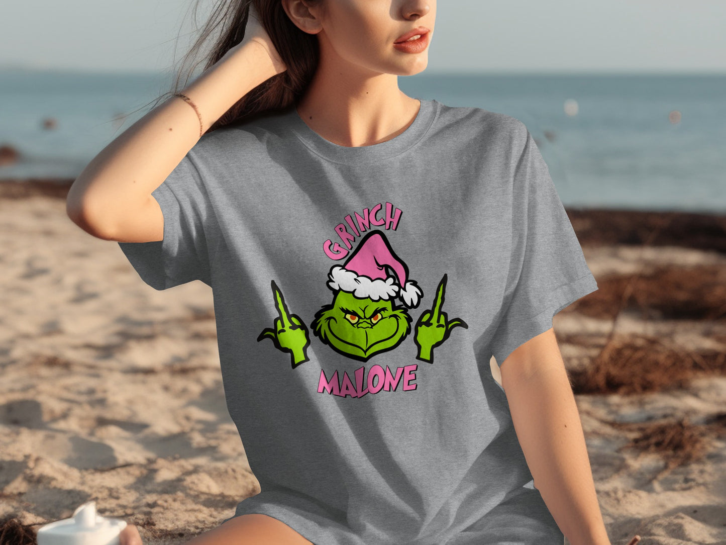 Grinch Malone Graphic T-Shirt with Santa Hat Illustration