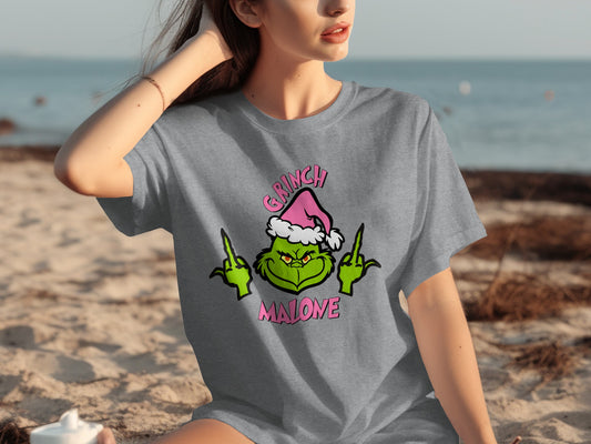 Grinch Malone Graphic T-Shirt with Santa Hat Illustration
